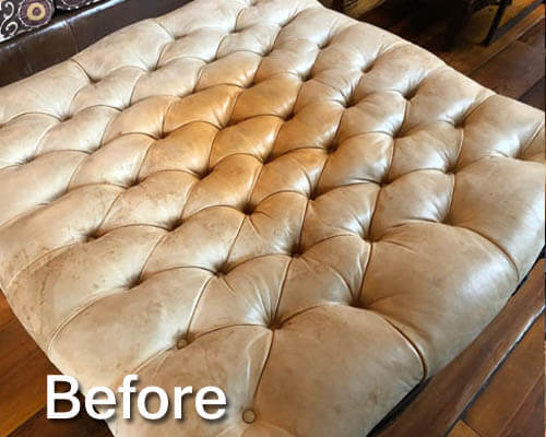 Tufted Leather Ottoman Before Restoration